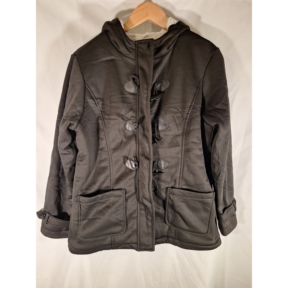 Womens Black Sherpa Lined Hooded Toggle Duffle Coat Jacket Medium